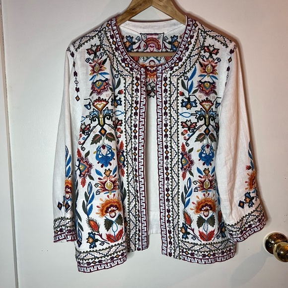 Johnny Was | Izamal Crop Jacket Embroidered 100% Linen w/ Pockets - Picture 7 of 15